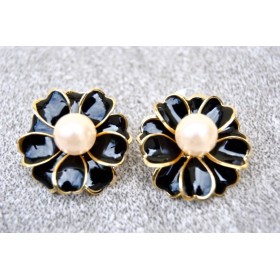 Floral Black Lustre Enamel Stud Earrings